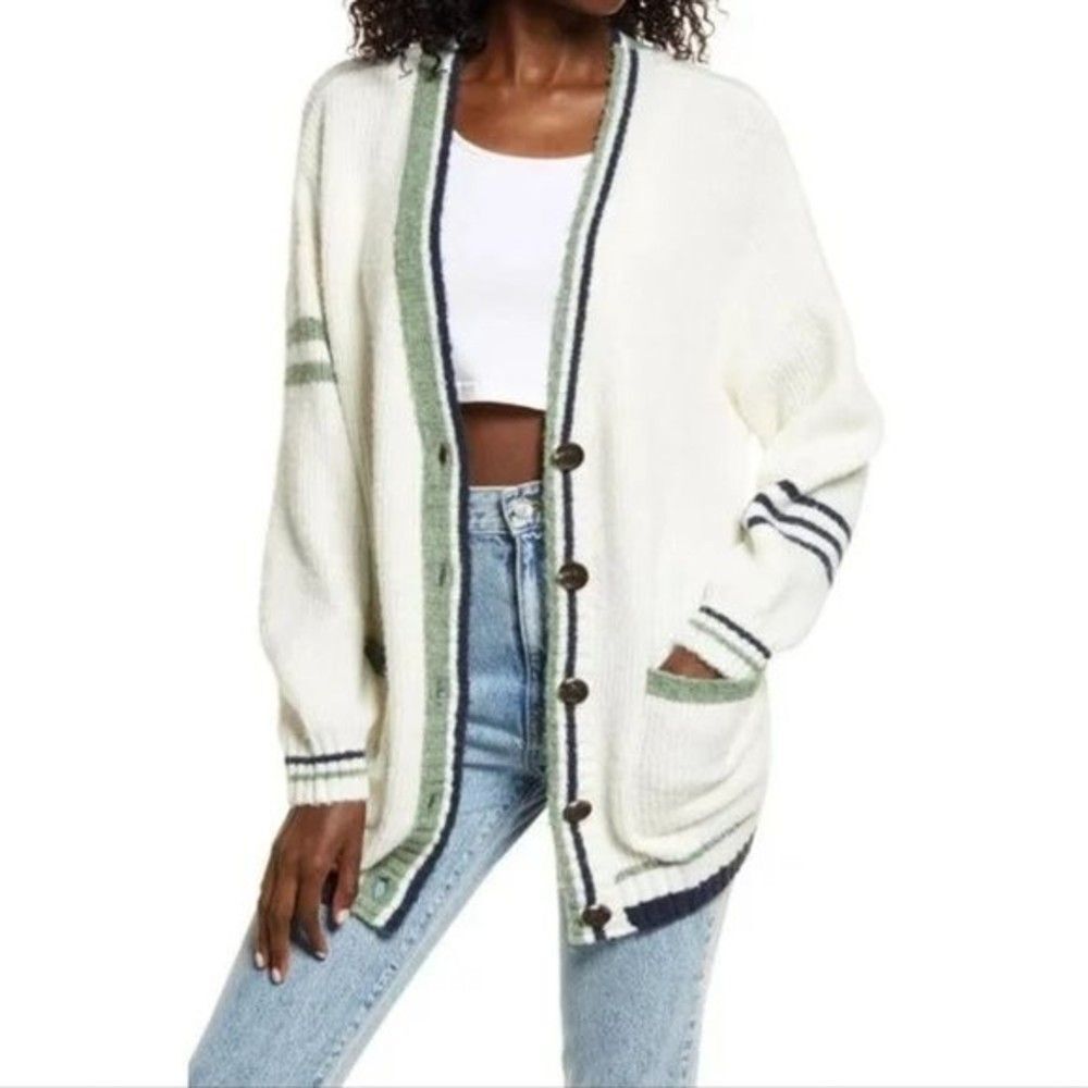 NWOT BP. Tipped Varsity Cardigan In Ivory Navy Size XS